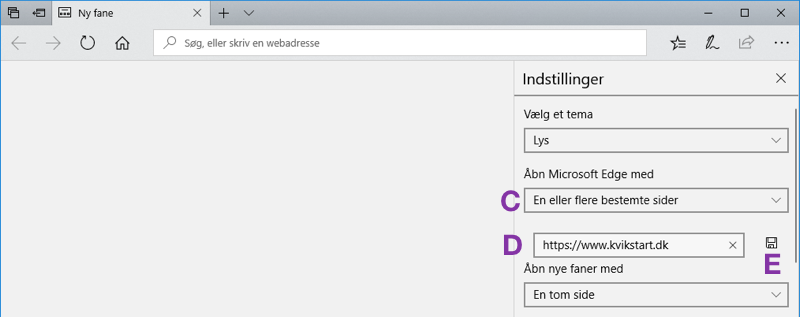 Indstil startside i Windows Edge browseren